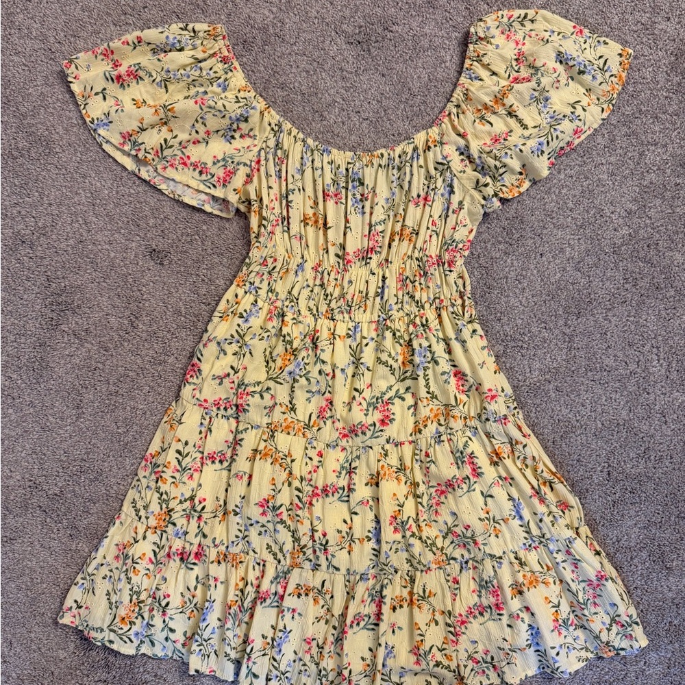 Yellow Floral Off-Shoulder Tiered Dress
